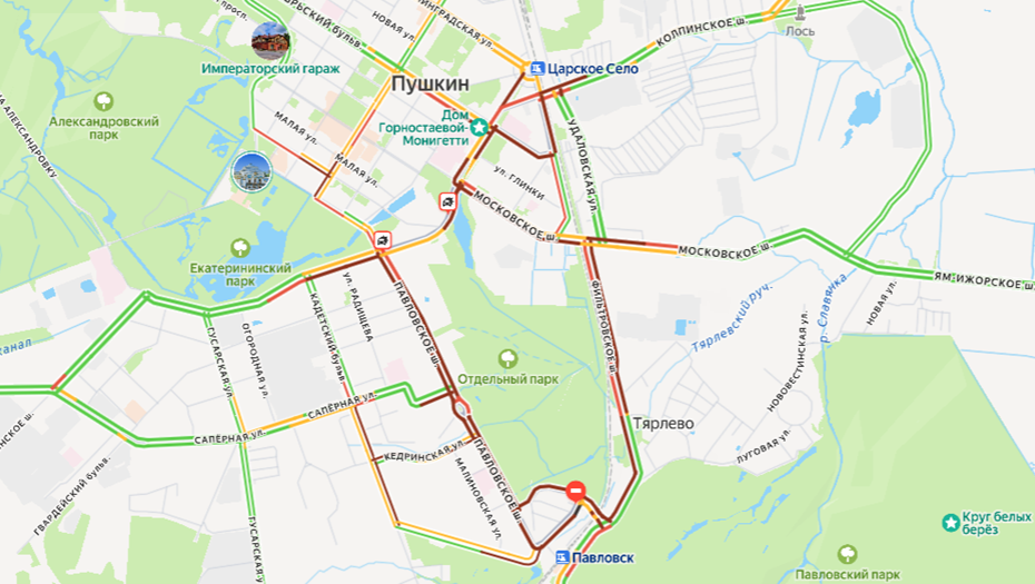    Пробки в Пушкине и Павловске вечером 2 марта Автор фото: Яндекс Карты