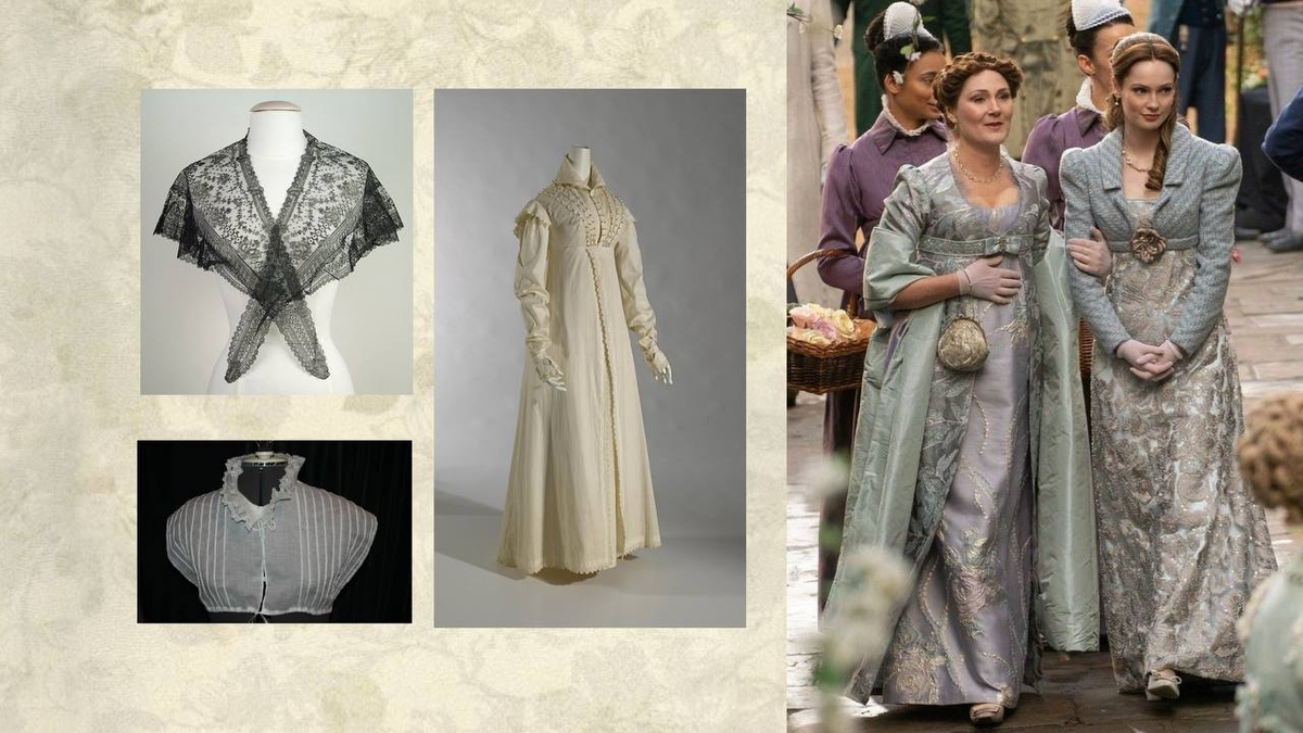 Фишю (черная), пелисс (длинный бежевый), шемизетка (белый)