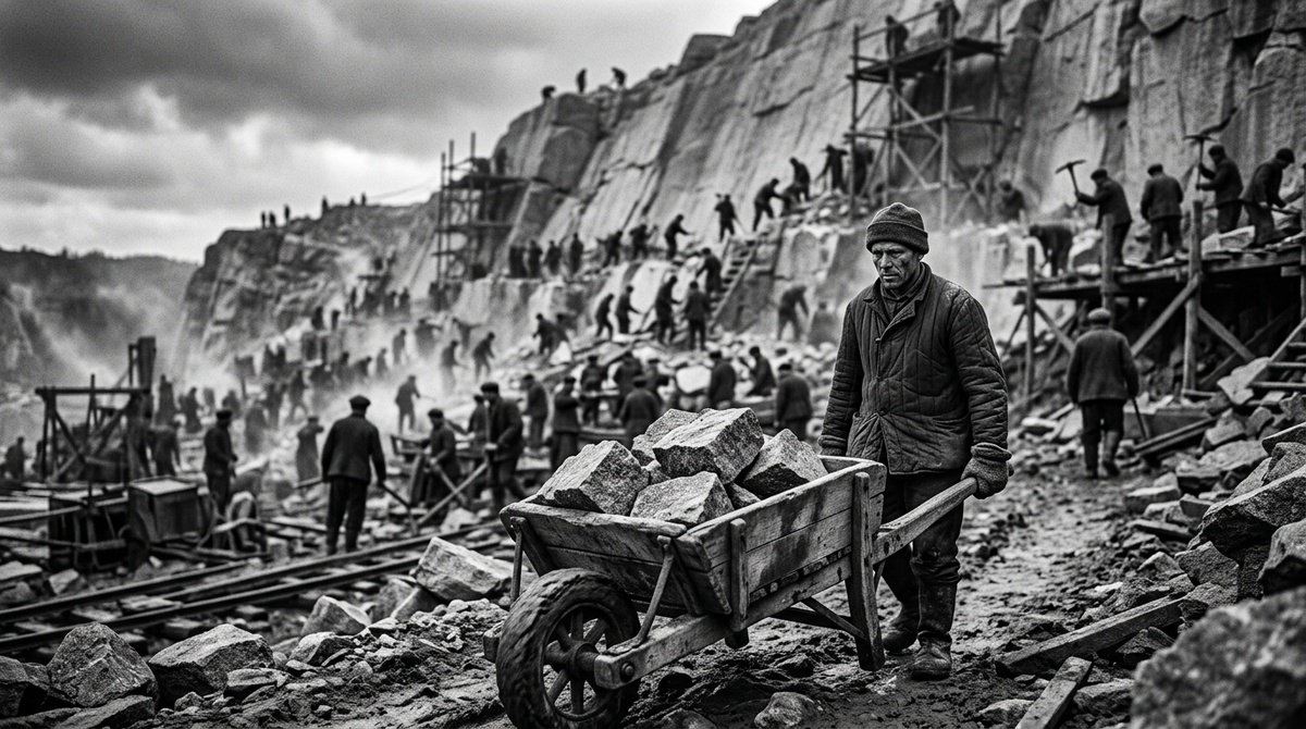 Строительство Беломорско-Балтийского канала ручным трудом, деревянные тачки и скалы.