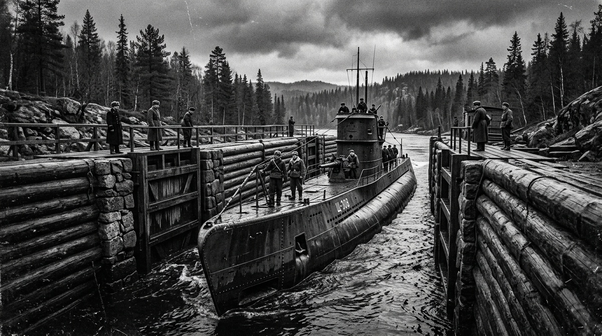 Подводная лодка проходят по узкому Беломорканалу