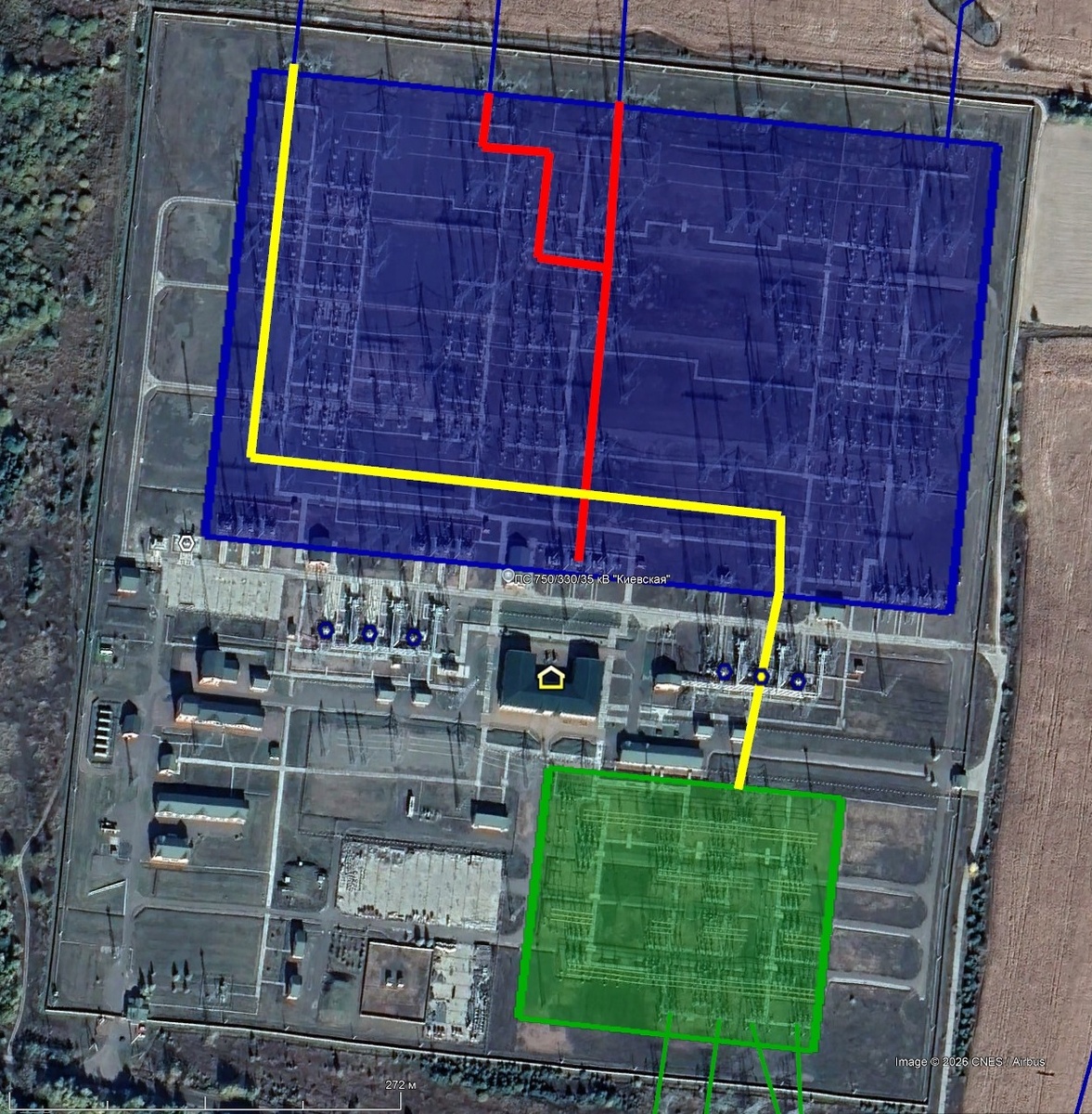 Один из вариантов работы ПС Киевская чисто на транзит: красным показан транзит РАЭС – ЧАЭС с подключенным шунтирующим реактором, жёлтым – возможный транзит 330 кВ ХАЭС – Киев (ПС Северная/Новокиевская)