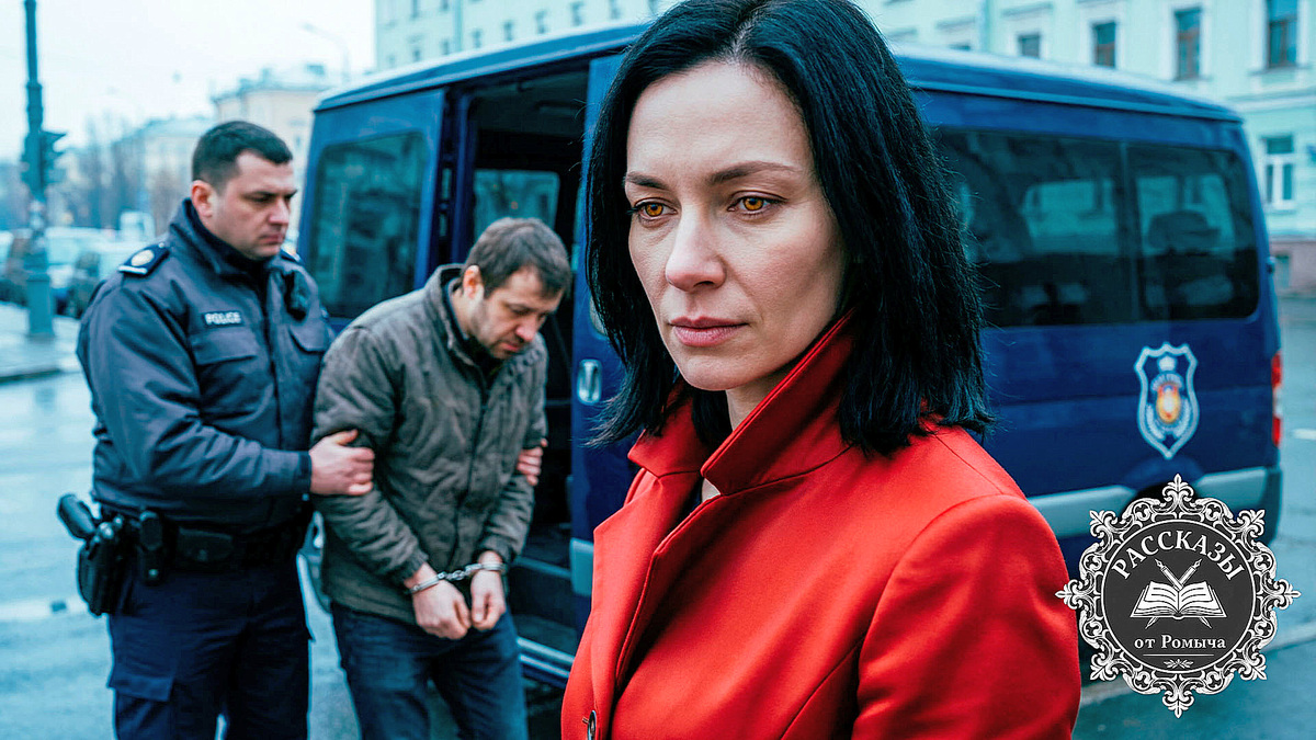 Женщина в ярко-красном пальто наблюдает за задержанием афериста-мужа на фоне полицейской машины