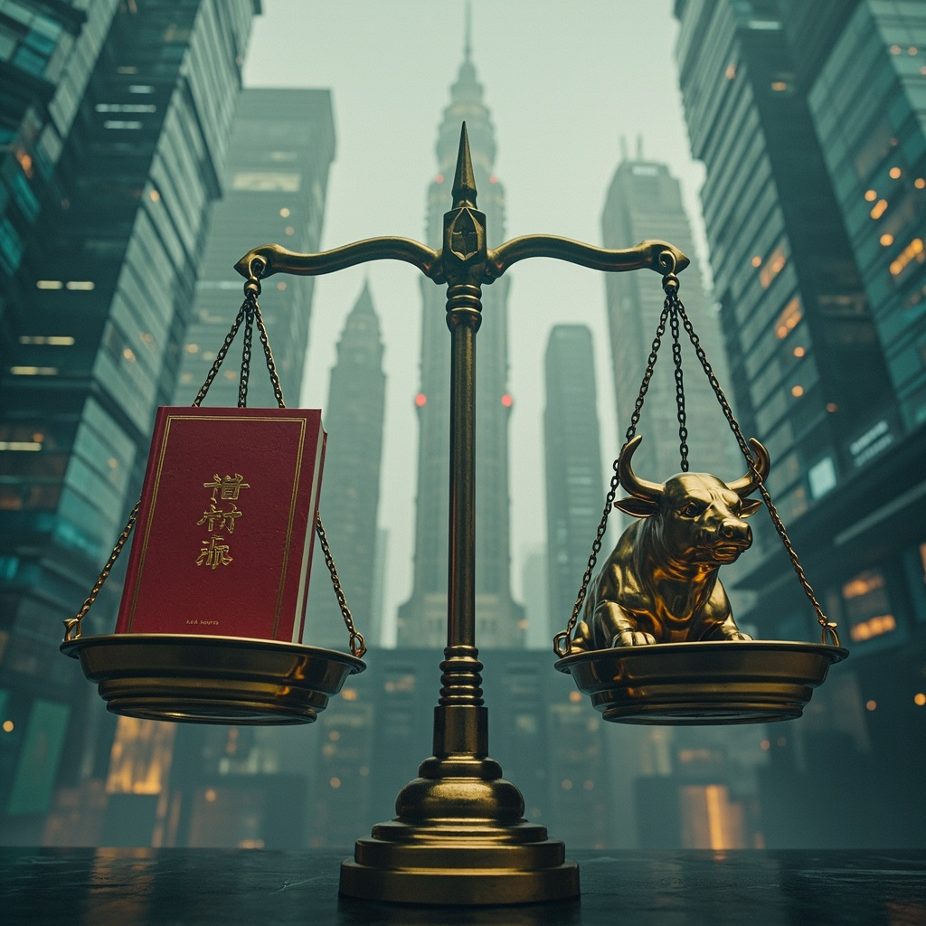  На одной стороне весов - Красная книга Мао Цзэдуна, на другой - Золотой Телец ( символ Уолл-стрит) . Весы балансируют на фоне небоскрёбов в стиле хай-тек в Шанхае. 