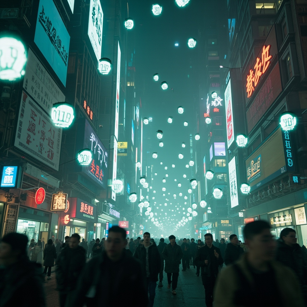  Футуристическая улица в Пекине с тысячами светящихся плавающих камер . У каждого идущего внизу человека над головой светится голографический номер ( социальный кредитный номер) .