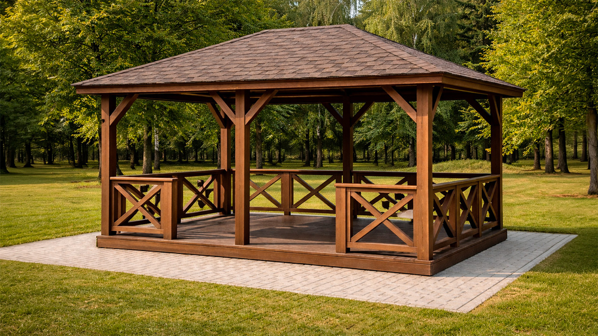 Деревянная беседка установленная на тротуарную плитку