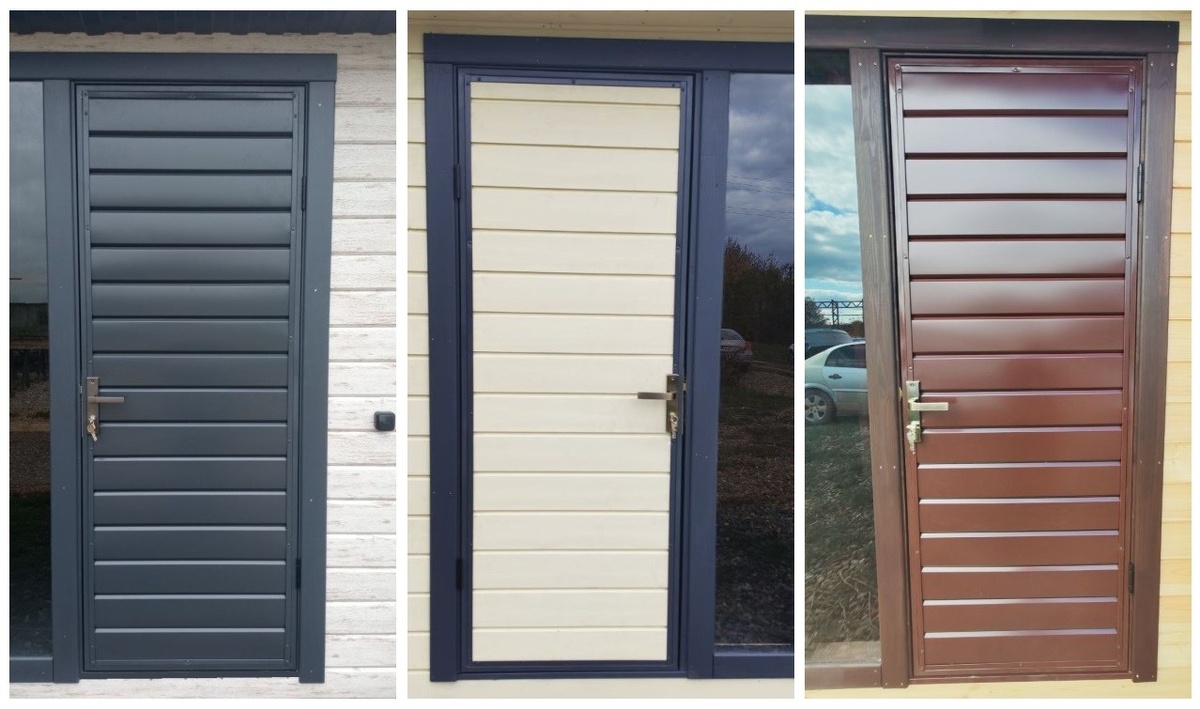 Слева - графитовый стальной сайдинг. По центру - вагонка, окрашенная в цвет "Топленное молоко". Справа - стальной сайдинг цвета Шоколад.