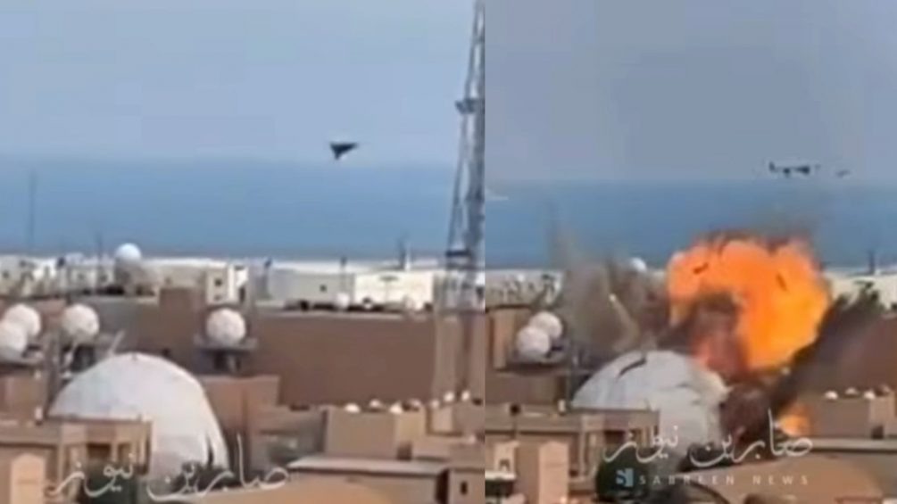   Американской ПВО вообще нет. Дрон точно попадает в радар на американской базе в Бахрейне, 01.03.2026. Фото: кадры видео