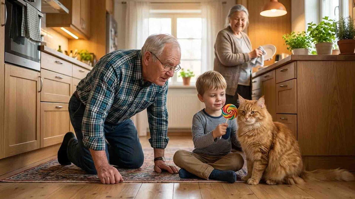 Когда научный интерес побеждает инстинкт самосохранения! Инженерный контроль Ивана Петровича за попытками внука «интегрировать» леденец в ухо кота Василия. А Мария Ивановна, как всегда, излучает философское спокойствие.