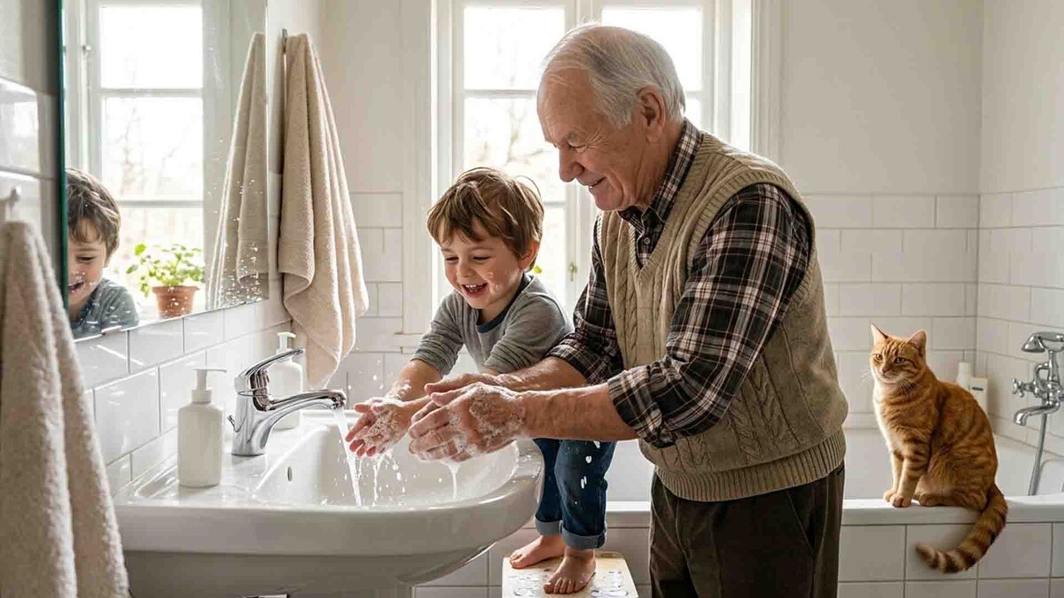 Главное правило нашей семейной биобезопасности: пообщался с усатым нянем — отправляйся на пенную вечеринку к умывальнику! Василий с подозрением следит за процессом, чтобы ни одна капля воды случайно не нарушила его личные границы.