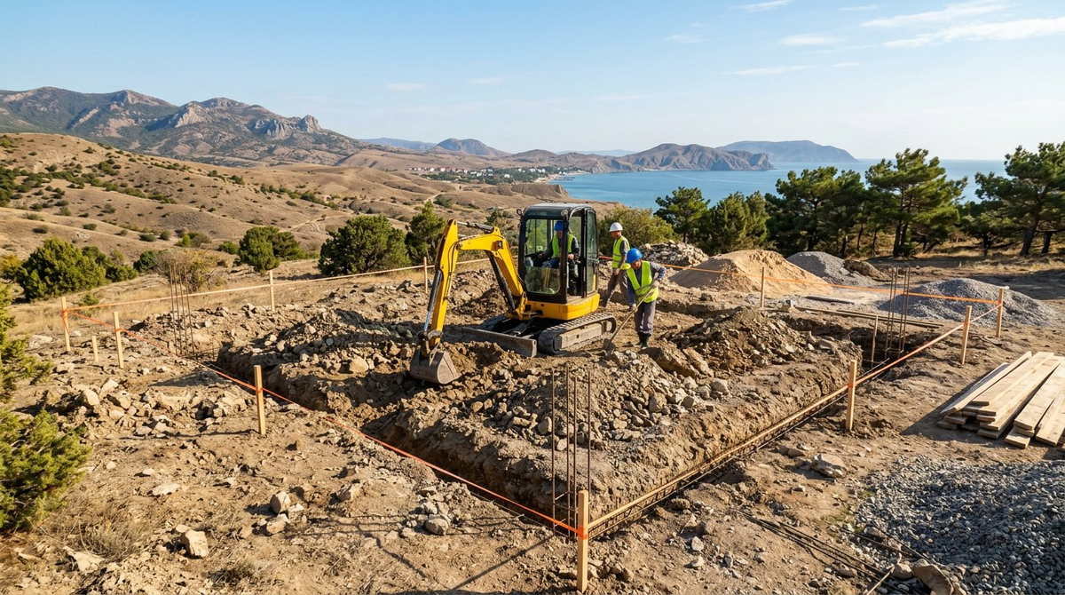 Строительство фундамента для дома 100 м² в Крыму