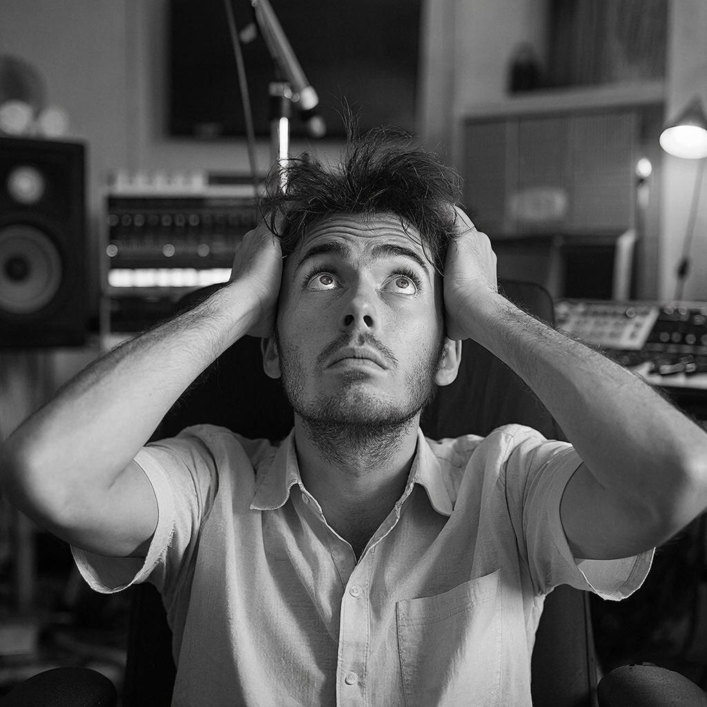 Музыкант в студии. Создано нейросетью Kandinsky