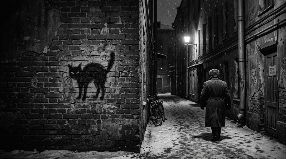 Рисунок черной кошки на кирпичной стене