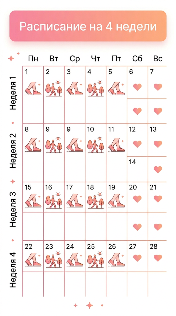 Структурированный план на 4 недели помогает телу адаптироваться и ускоряет результат