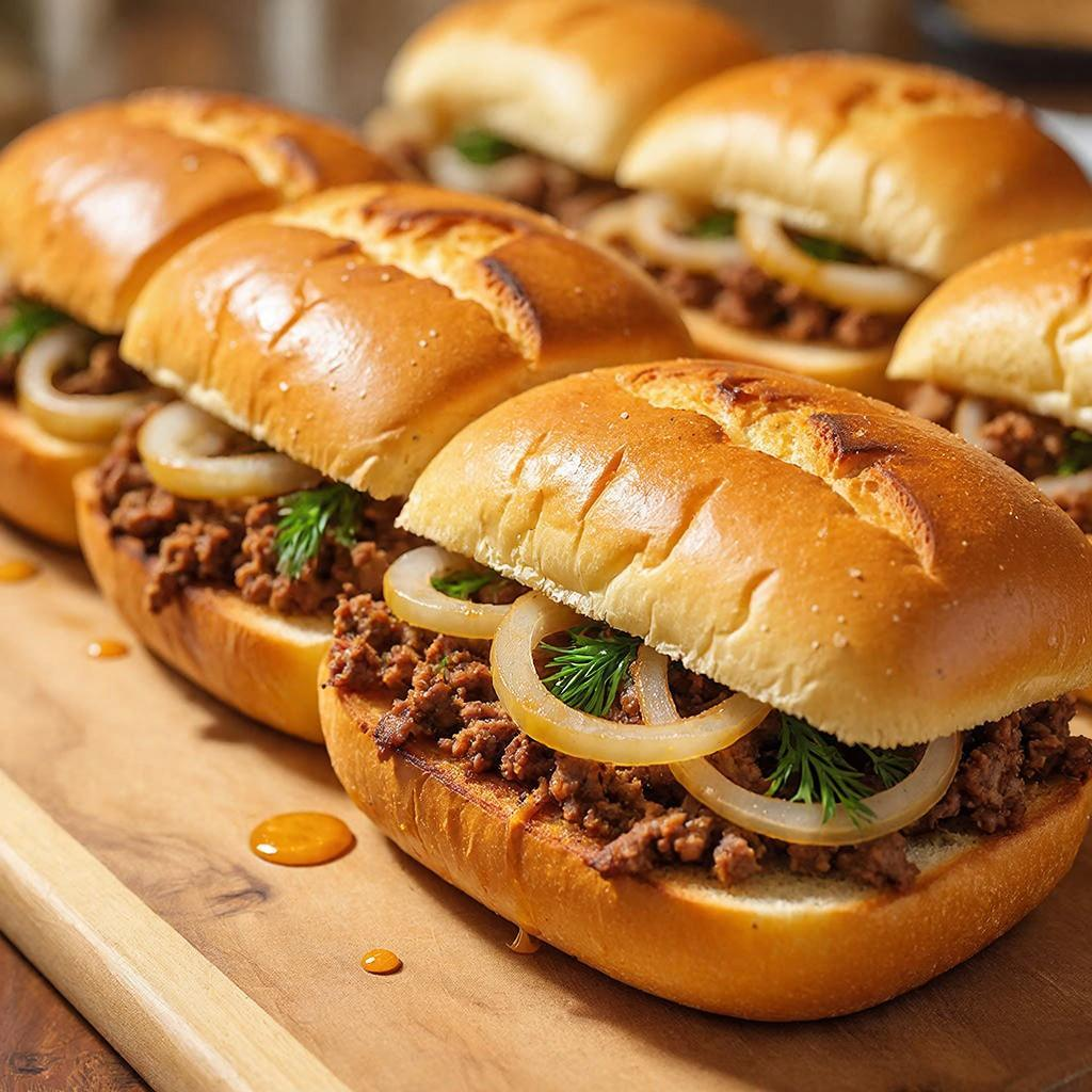 Сочные горячие бутерброды «Сытый папа» свежо поданы на доске.