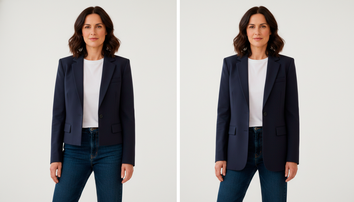 Пиджак, который заканчивается на самом широком месте бёдер, режет фигуру пополам. Меняем длину и силуэт сразу вытягивается.