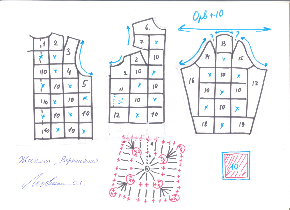 Для вязания жакета "Вернисаж" вам потребуется набивной крепдешин, шёлк, шифон, сатин, тонкий односторонний драп или сукно, тесьма "паутинка" 5 м.
Используйте для вязания шерстяные, полушерстяные нитки, секционного крашения с частой сменой цвета, меланж, от 200 до 300 гр.
Крючок: 2,5 мм.
Собирайте жакет по выкройке, производной от реглана. Это значит, что рукав будет без головки, за счёт вытачки у оката. Детали у горловины, плеча, проймы, вытачек, оката и нижнего шва рукава делайте из ткани. Остальные вязаные квадраты выполняйте из меланжа, секционной пряжи или из полос ткани, шириной до 1,0 см. Полоски должны быть долевые или поперечные. Полоски, вырезанные "по косой", расползутся. Соединяйте детали по швам с лица. Каждую деталь обвяжите нитью в цвет фона. Этой же нитью будет обвязан весь жакет, канты из столбиков без накида, планка для застёжки. Рукава вшивайте с лица, встык.
Обратите внимание, что при обвязке вязаных квадратов и квадратов из ткани, предпоследний ряд надо провязать по изнанке.
