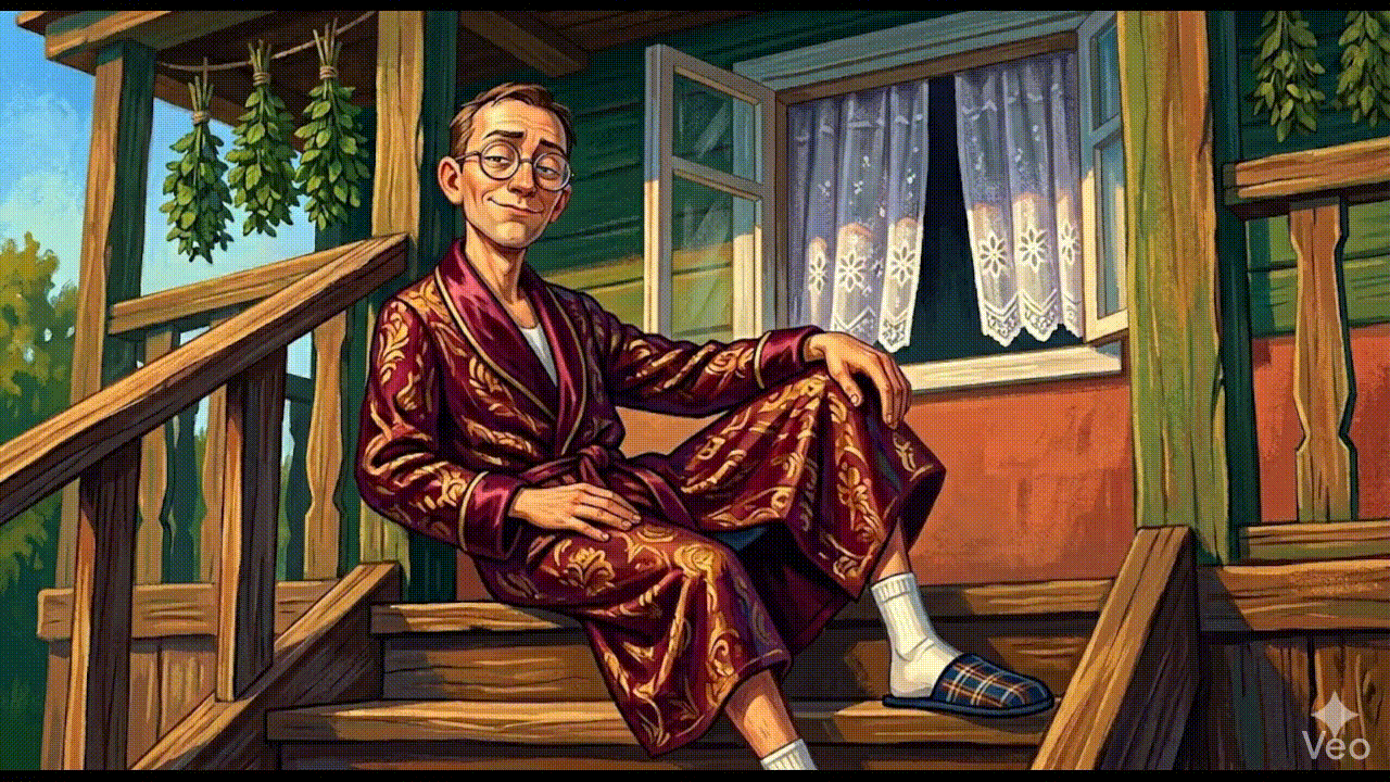 Аркадий в своём "триумфальном" халате. Тот самый момент, когда гость ещё уверен, что жизнь удалась, а романтика уже включена в стоимость проживания