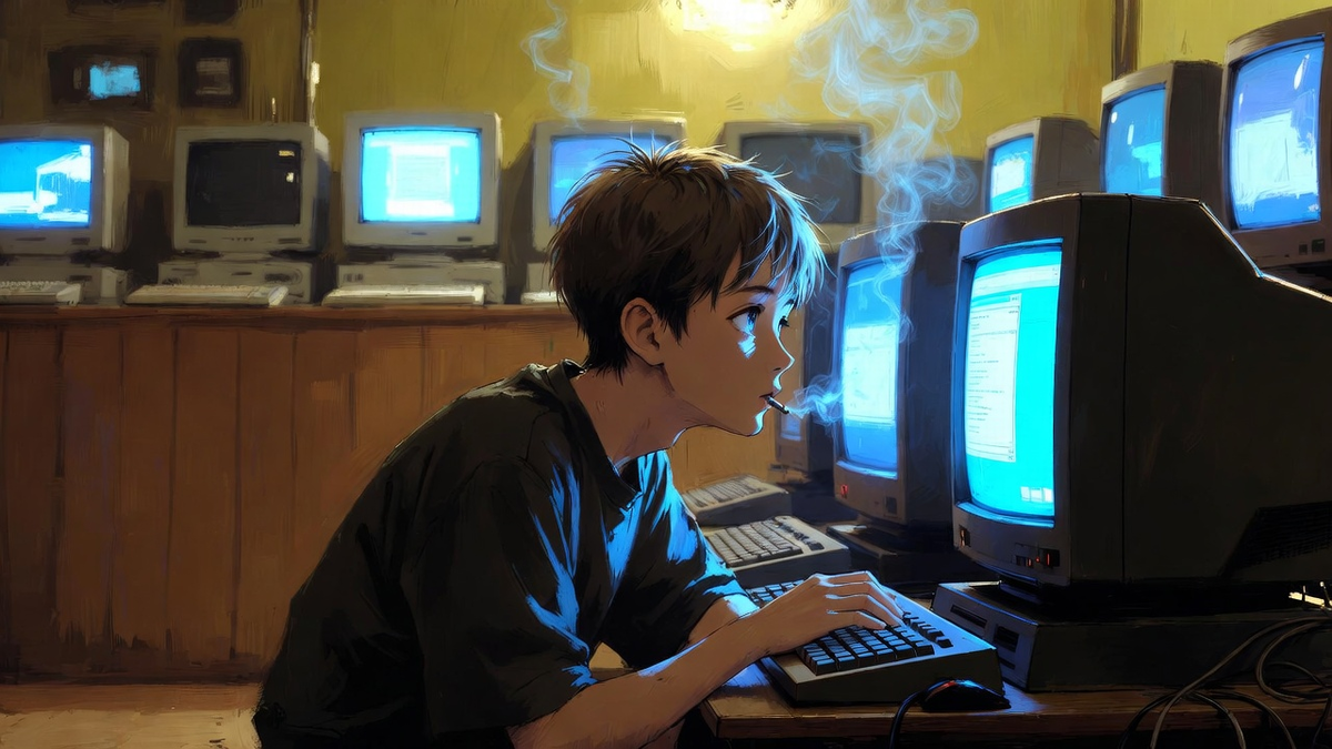 Примерно так выглядели тогда компьютерные клубы. С отвратными пузатыми мониторами, прокуренные помещения и чувство, будто на глазах творится великое.