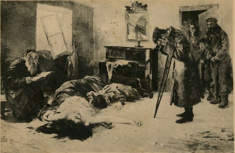 Наконец-то дома. Открытка с картины Моисея Маймона «Опять на родине». Последствия еврейского погрома, РИ начала 20-го века. Изображение: wikipedia.org