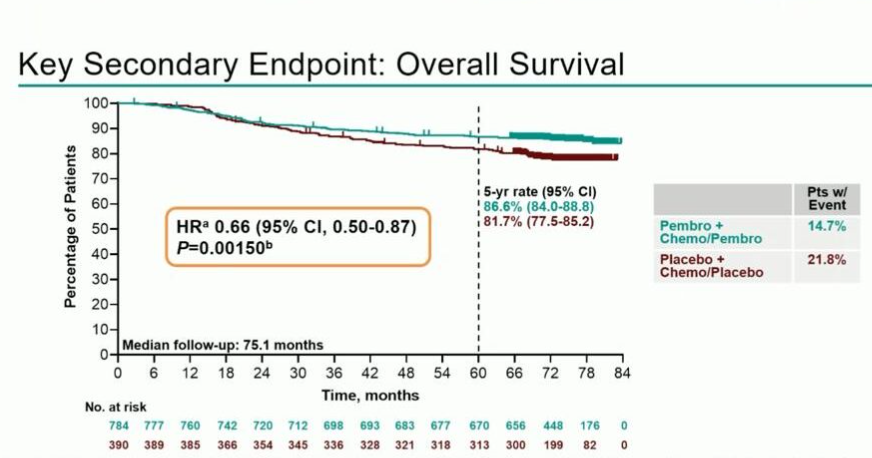 Бирюзовая кривая - выживаемость при включении в схему лечения иммунотерапии, коричневая кривая - выживаемость при лечении одной лишь химиотерапией без иммунотерапии.