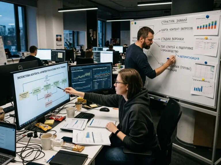    Инфографика экосистемы контента: от аудита и стратегии до дистрибуции, аналитики и масштабирования. "Kontenium"