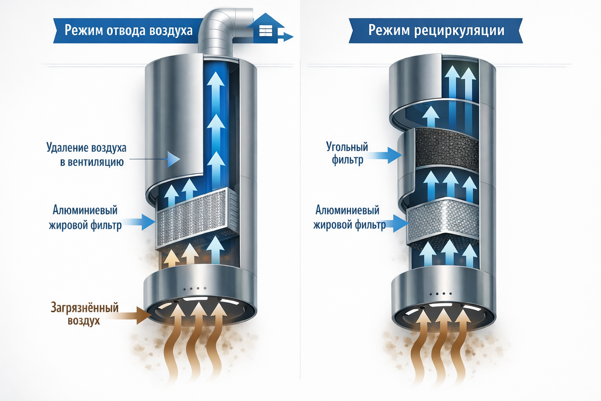 Схема сравнения работы режима отвода и рециркуляции в вытяжках EXITEQ