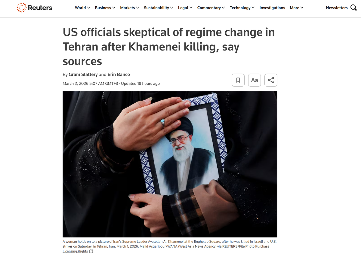     «Официальные лица США скептически оценивают вероятность смены режима в Тегеране после убийства Хаменеи, сообщают источники»