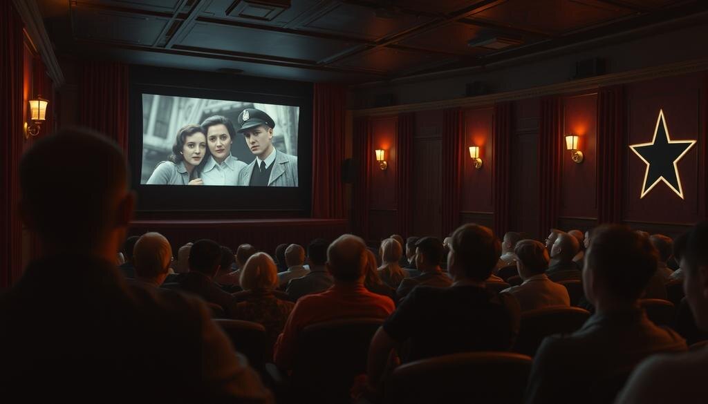    Ретро сцена кинотеатра, где показывают классический советский фильм, зрители увлечены игрой актеров, атмосфера наполнена ностальгией.