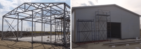Слева металлоконструкция, справа почти готовый склад