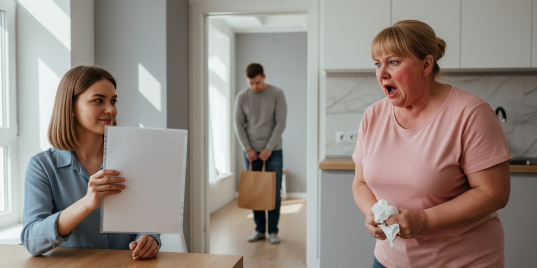 – Мы продаем твою квартиру, не жадничай! – заявила свекровь с юристом. Я спокойно достала свои документы, и наглая родня осталась ни с чем