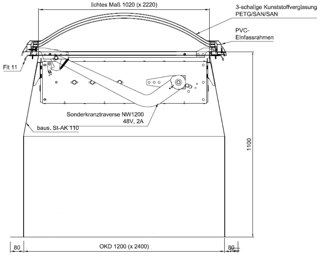 Чертеж дымового люка тип F100 (3 слоя) с электроприводом типа GMTJ 48В/2А