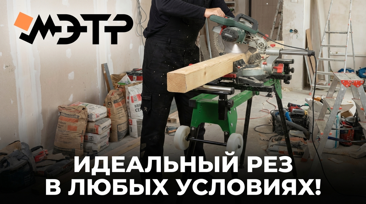 Торцовочная пила установлена на специальный раскладной мобильный стол МЭТР