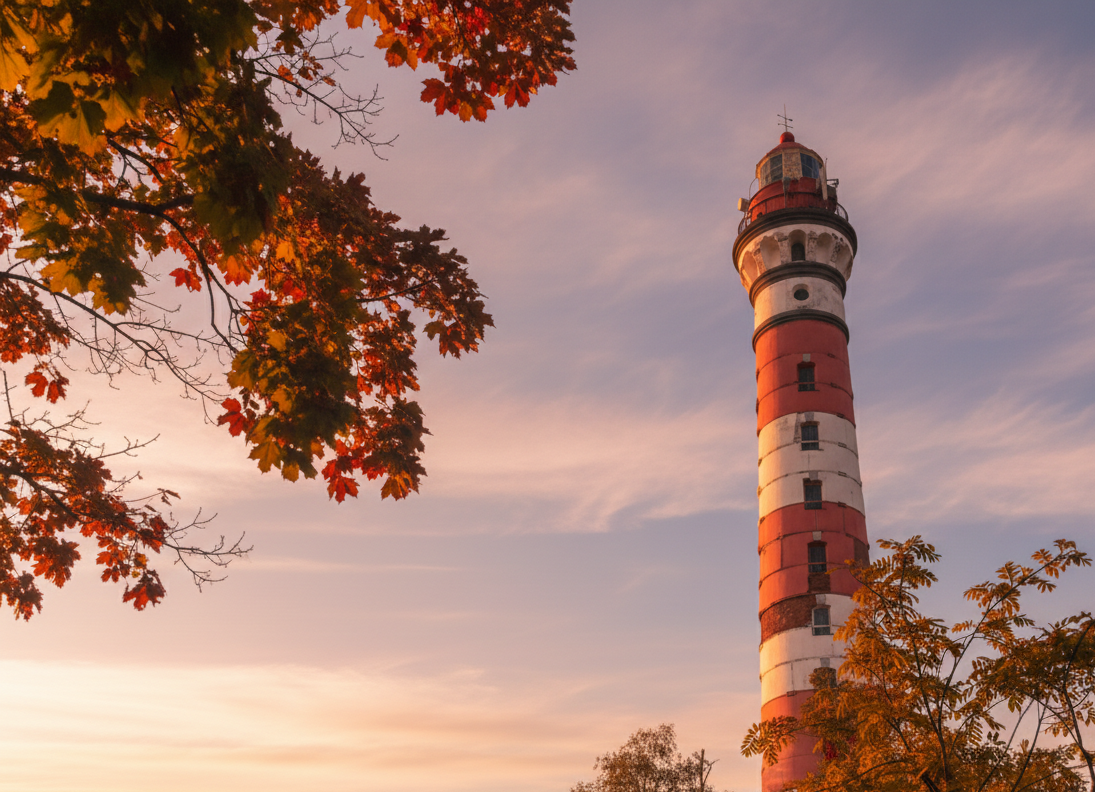 Фото Осиновецкого маяка в лучах осеннего Солнца