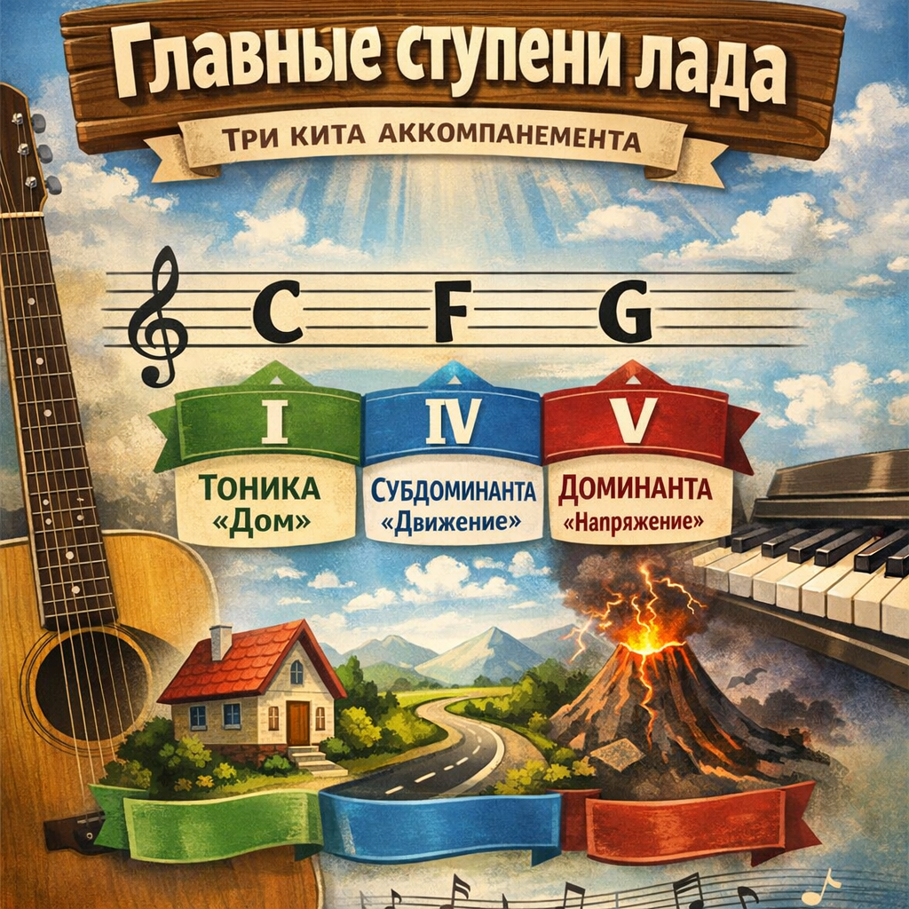 Главные ступени лада: T - тоника, S - субдоминанта и D - доминанта/