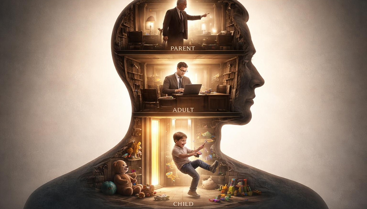 В каждом живут три существа: Родитель (правила и запреты), Взрослый (спокойный аналитик) и Ребёнок (эмоции и капризы). Они переключаются незаметно, провоцируя друг друга. 