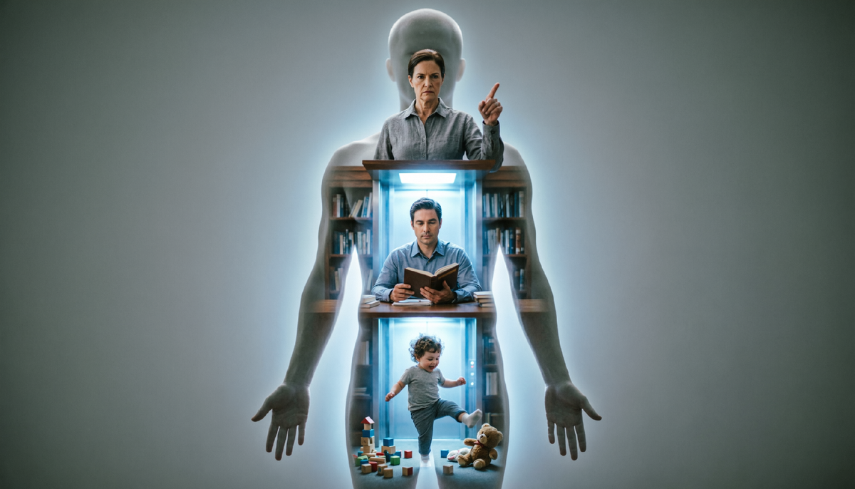 В каждом живут три существа: Родитель (правила и запреты), Взрослый (спокойный аналитик) и Ребёнок (эмоции и капризы). Они переключаются незаметно, провоцируя друг друга. 