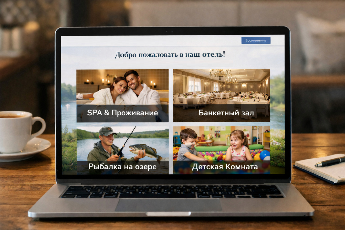 Ноутбук с сайтом отеля и разделами услуг на экране