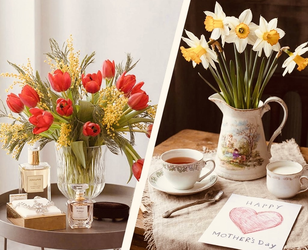 Атмосфера праздников: 8 марта в России и Материнское воскресенье в Англии. Коллаж