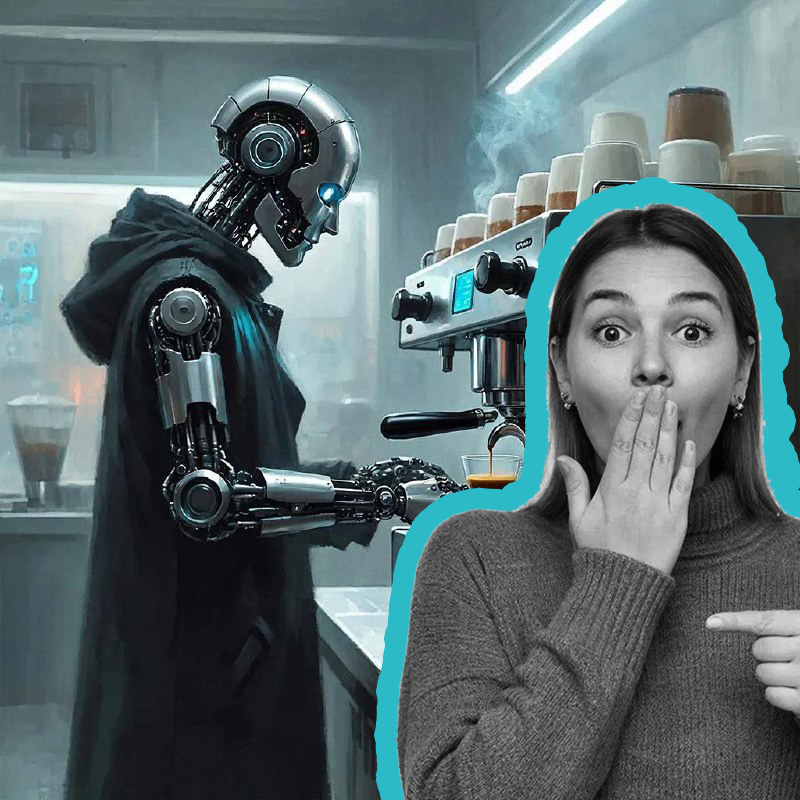 Робот-бариста. Коллаж создан руками автора канала и нейросети Kandinsky