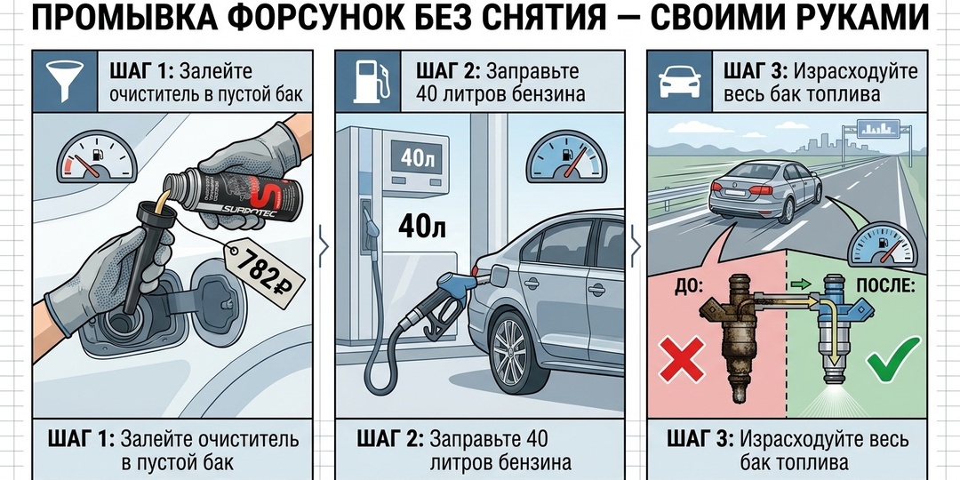 Как промыть форсунки бензинового двигателя без СТО — за один бак
