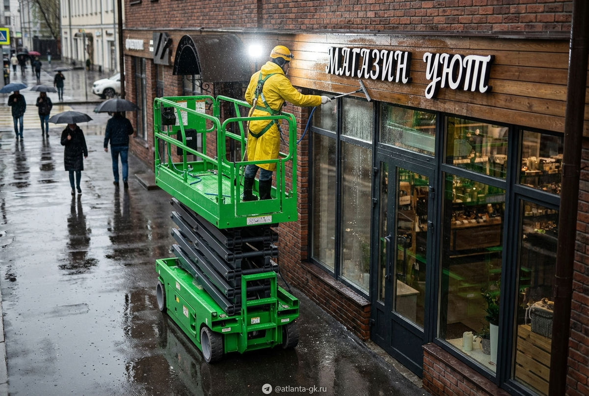    Ножничный подъемник обеспечивает удобство и надежность при выполнении фасадных работ. Atlanta-gk
