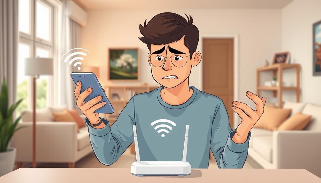    Разочарованный пользователь с телефоном и роутером, демонстрирующий слабый сигнал Wi-Fi в уютной комнате.