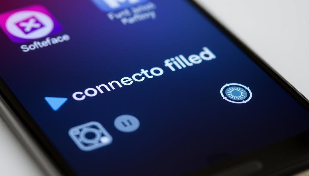    Сцена с экраном смартфона, показывающим ошибку соединения, рядом с иконками программного обеспечения.