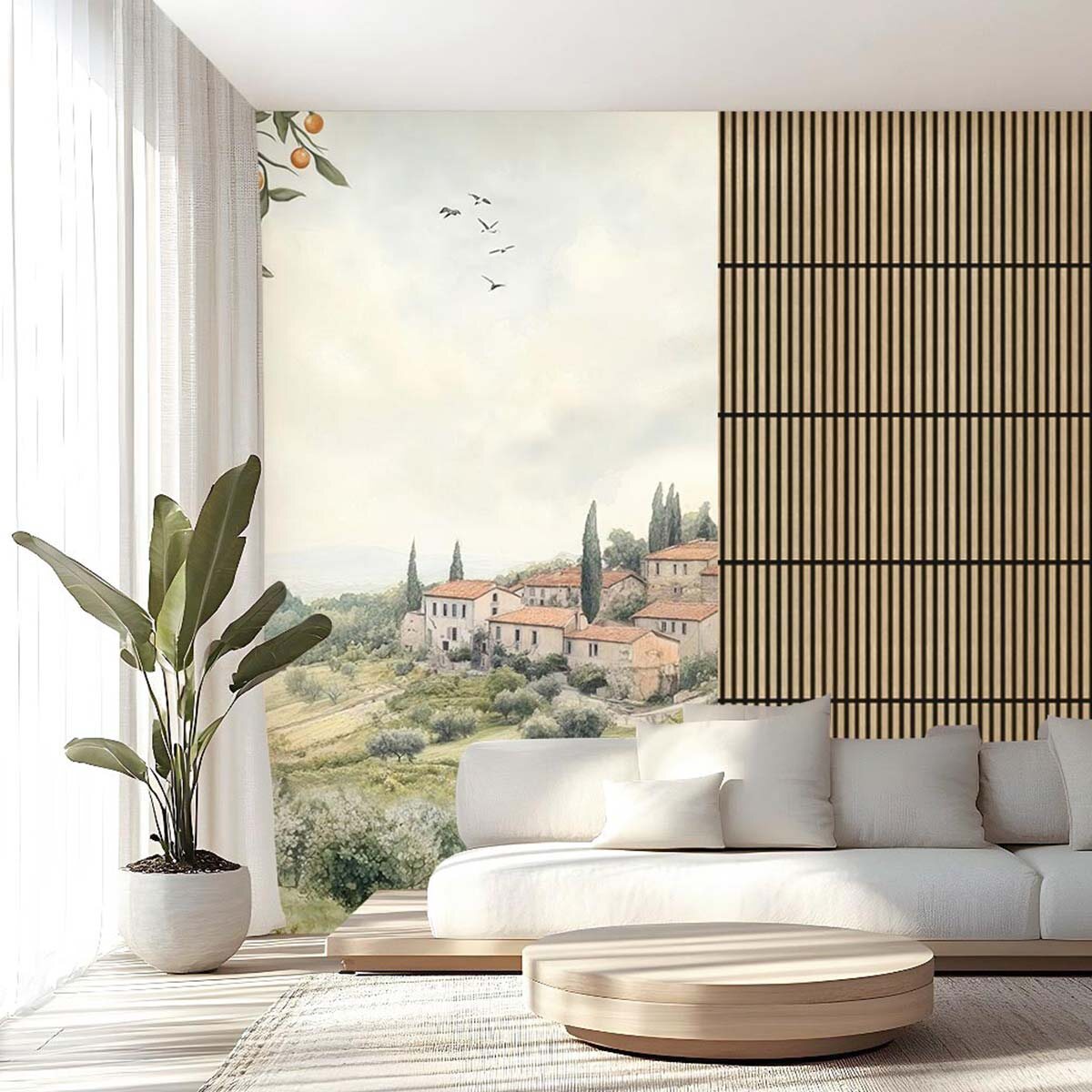 Пример сочетания светлых оттенков и мягких фактур в интерьере, свойственном сангвиникам. Отделка стены - флизелиновые фотообои и акустические панели VEROL.