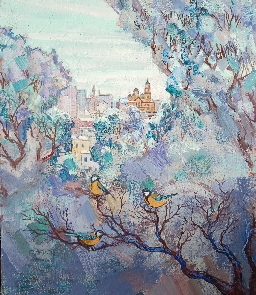© Владислав Ефремов. Кристаллы февраля и синицы ожиданий.  Холст, акрил. 72 х 58см. 2026г.