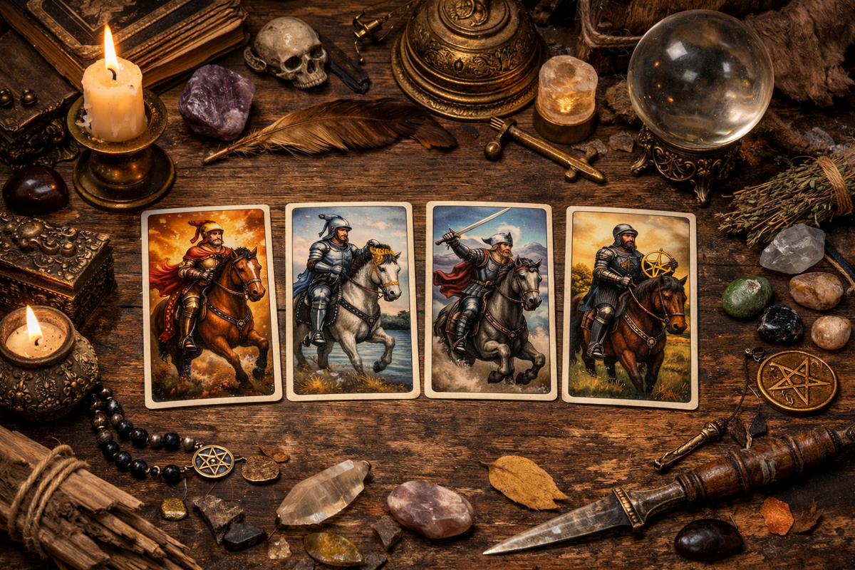 Четыре Рыцаря Таро на столе с атрибутами для гадания — наглядное сравнение мастей и их динамики в раскладе.