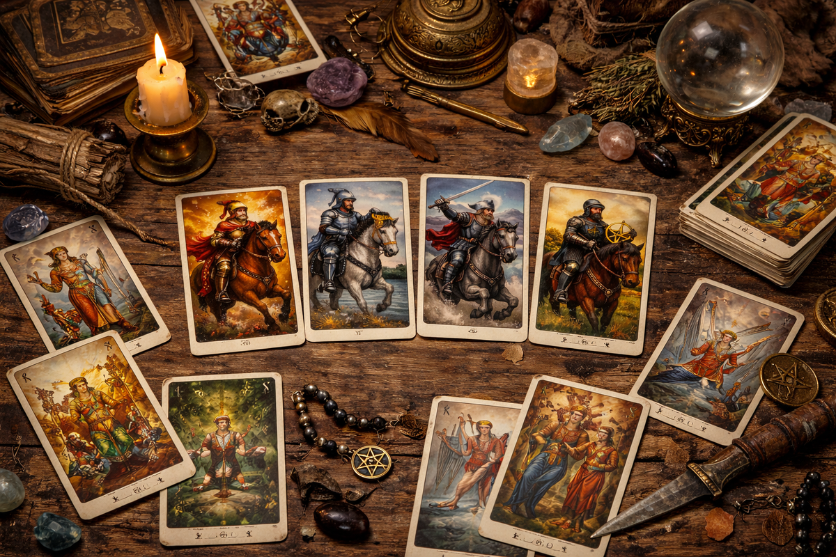 Карты Рыцарей всех мастей в окружении Арканов и символов — пример того, как читать сочетания и движение ситуации в Таро.