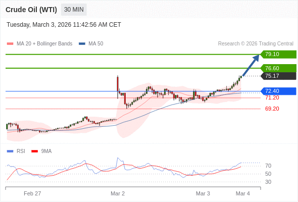 Нефть (WTI) (J6) в течение дня: Отскок.  Наша точка разворота находится на уровне 72,40. Наше предпочтение:Покупать выше 72,40 с целевыми точками 76,60 и 79,10. Альтернативный сценарий:Прорыв вниз уровня 72,40 откроет путь к 71,20 и 69,20. Анализ:В краткосрочной перспективе тренд остается восходящим с устойчивой бычьей динамикой. 