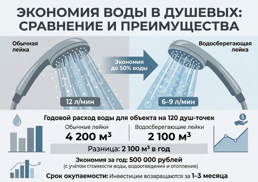 Экономия воды в душевых: сравнение и преимущест