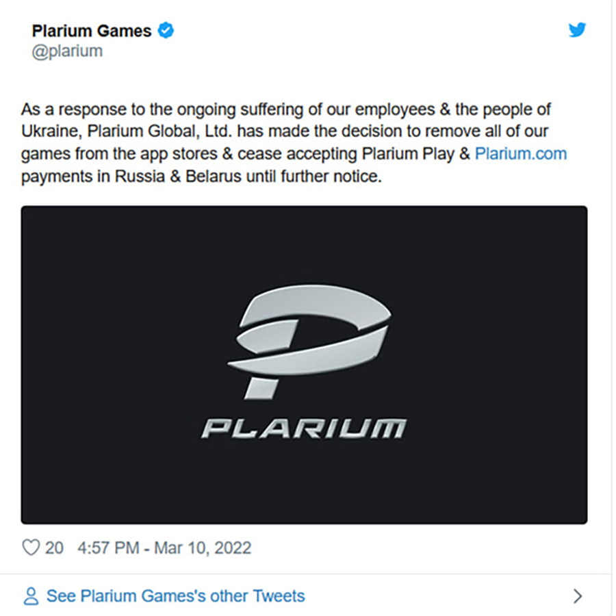 10 марта 2022 года украинская студия Plarium в своих соцсетях объявила об уходе из России. Фото: x.com/Plarium Games